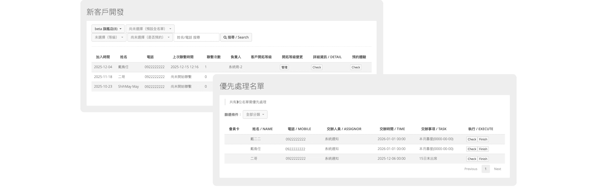 Fitbutler 系統後台新客戶開發名單、優先聯繫名單、逾期無人負責後台畫面